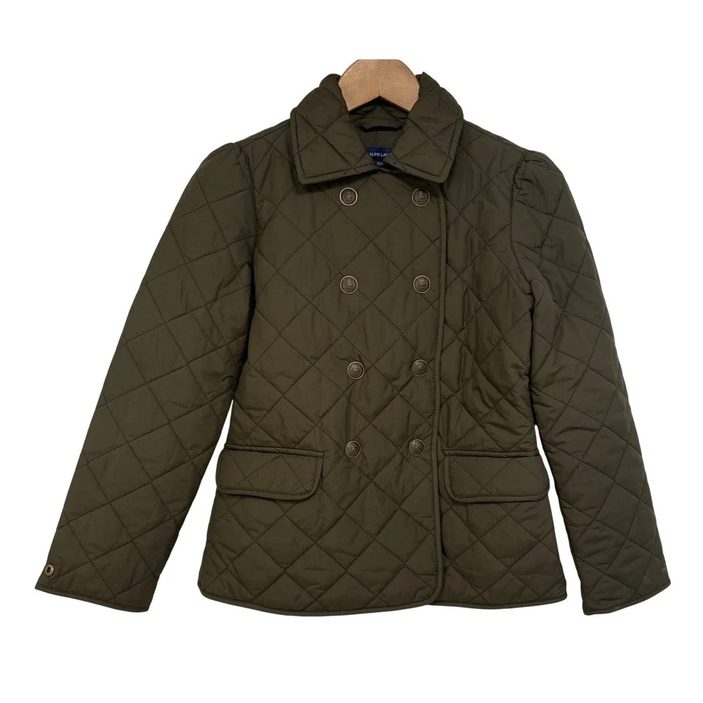 Ralph Lauren Girls Olive Green Quilted Double Breasted Jacket L 12/14 Preppy